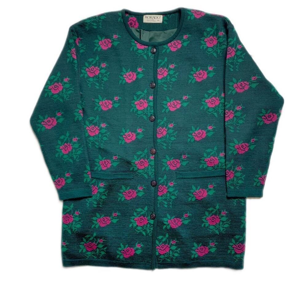 90s Pink Rose Floral Green Button Down Wool Cottage Core Whimsical Sweater